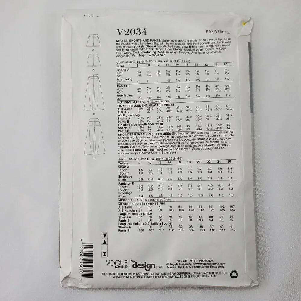 Vogue Patterns V2034 Misses Shorts & Pants Sewing Pattern Size B5 8-10-12-14-16